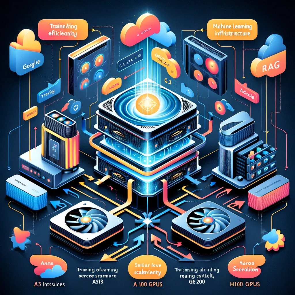 DALL·E 2024-03-22 11.52.04 - An infographic showcasing the cutting-edge machine learning infrastructure used for RAG 2.0, including Google Cloud's A3 instances and H100 GPUs. The .webp